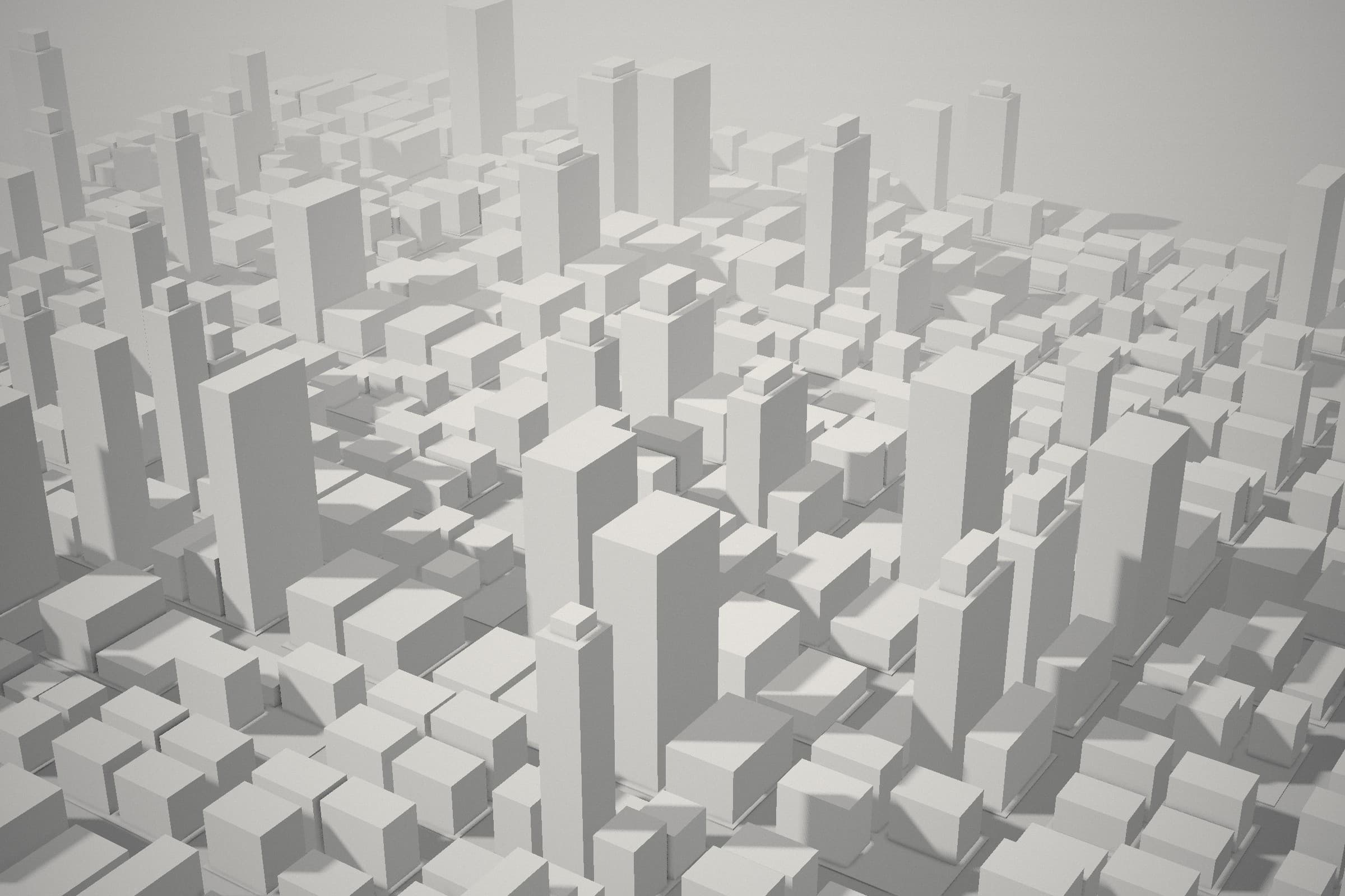 Vista aérea de una maqueta urbana de volúmenes blancos